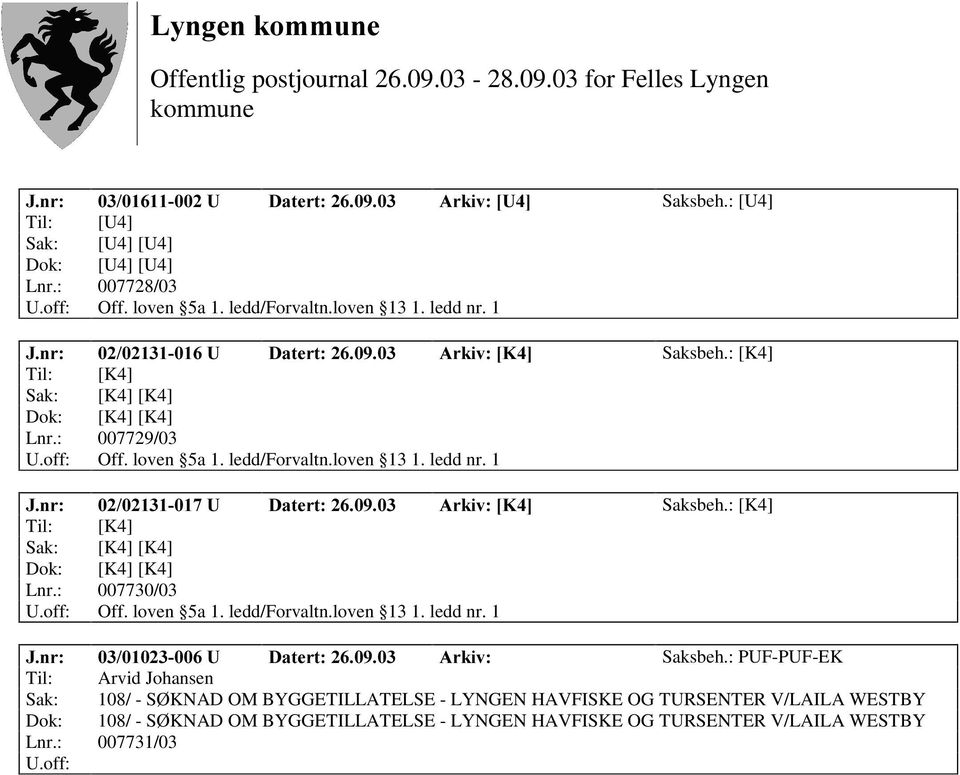 : PUF-PUF-EK Til: Arvid Johansen Sak: 108/ - SØ KNAD OM BYGGETILLATELSE - LYNGEN HAVFISKE OG TURSENTER V/LAILA WESTBY Dok: 108/ - SØ