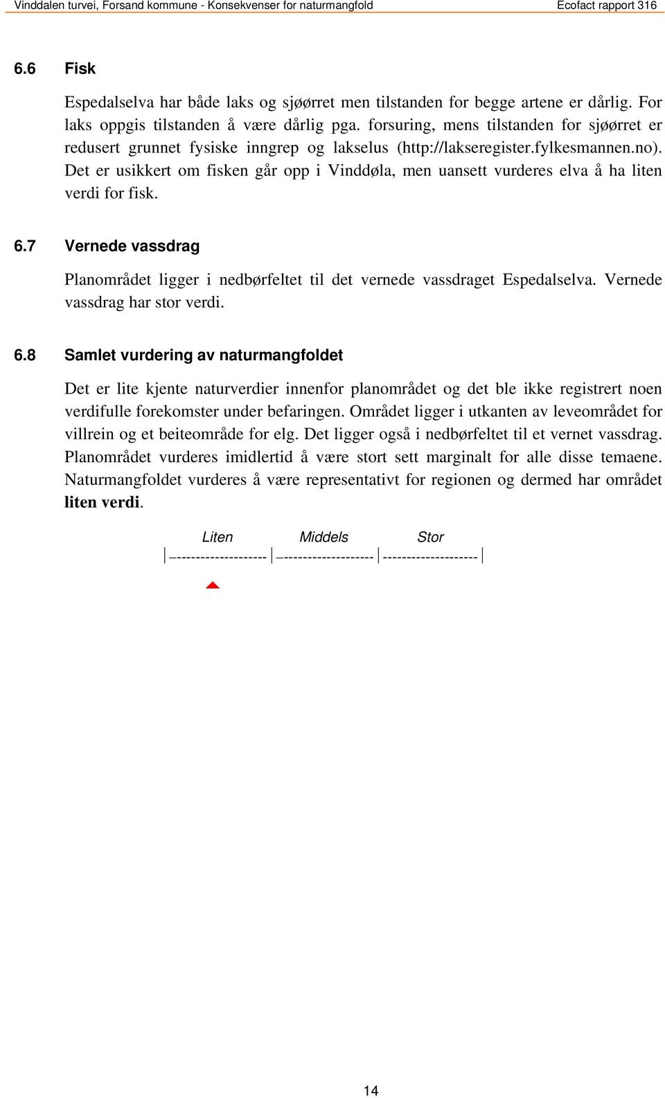 Det er usikkert om fisken går opp i Vinddøla, men uansett vurderes elva å ha liten verdi for fisk. 6.7 Vernede vassdrag Planområdet ligger i nedbørfeltet til det vernede vassdraget Espedalselva.