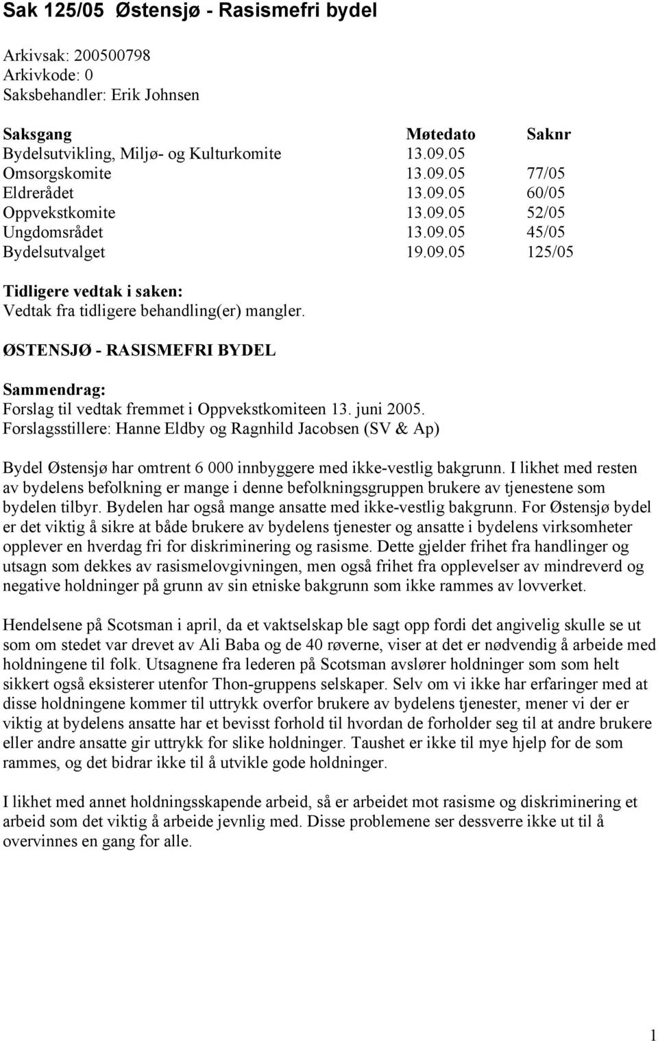 ØSTENSJØ - RASISMEFRI BYDEL Sammendrag: Forslag til vedtak fremmet i Oppvekstkomiteen 13. juni 2005.