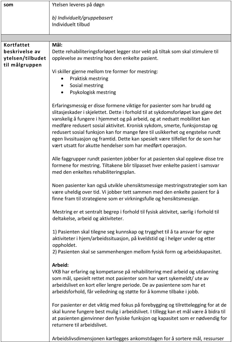 Vi skiller gjerne mellom tre former for mestring: Praktisk mestring Sosial mestring Psykologisk mestring Erfaringsmessig er disse formene viktige for pasienter som har brudd og slitasjeskader i