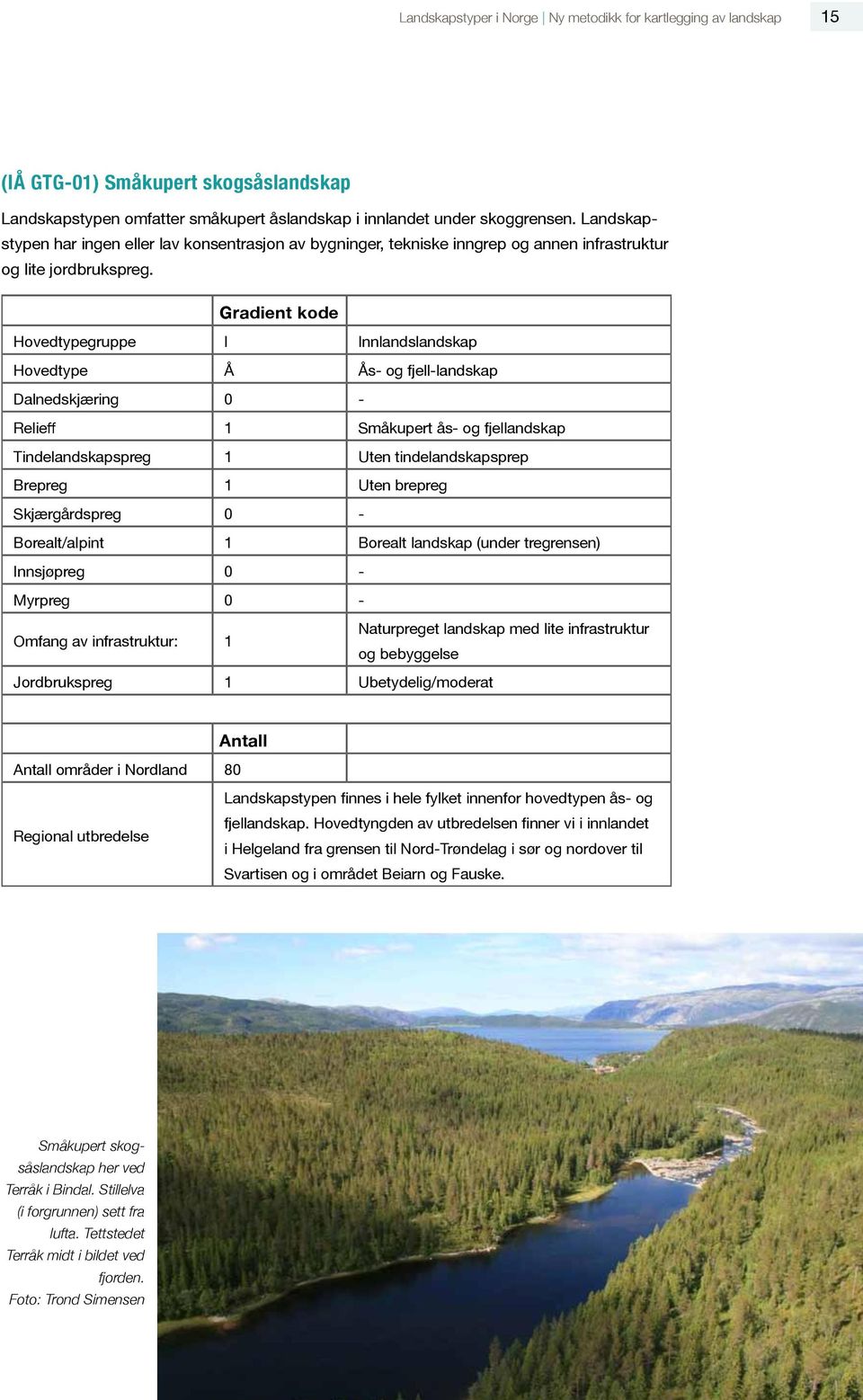 Gradient kode Hovedtypegruppe I Innlandslandskap Hovedtype Å Ås- og fjell-landskap Dalnedskjæring 0 - Relieff 1 Småkupert ås- og fjellandskap Tindelandskapspreg 1 Uten tindelandskapsprep Brepreg 1