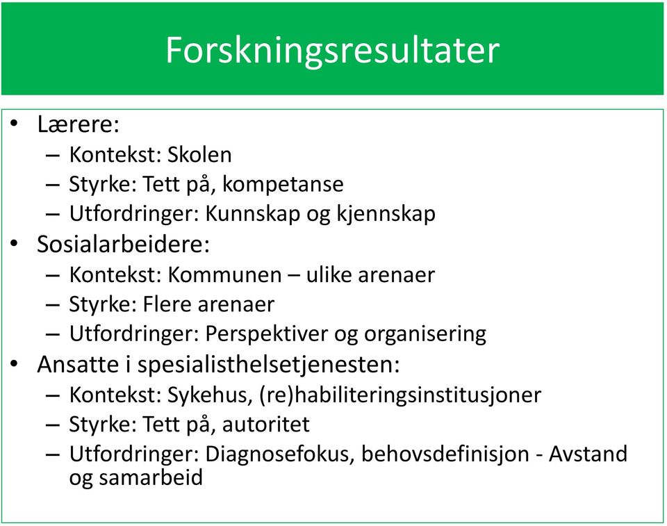 Perspektiver og organisering Ansatte i spesialisthelsetjenesten: Kontekst: Sykehus,