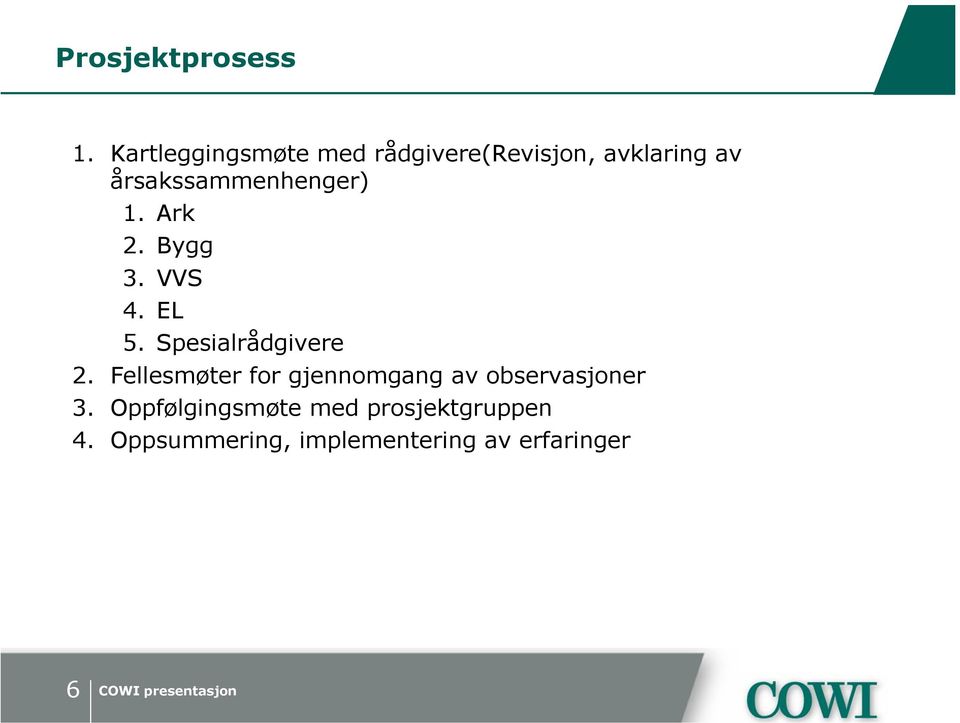 årsakssammenhenger) 1. Ark 2. Bygg 3. VVS 4. EL 5.