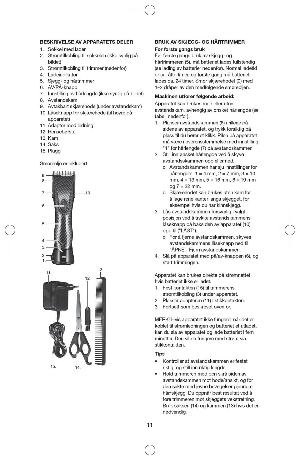 Adapter med ledning 12. Rensebørste 13.