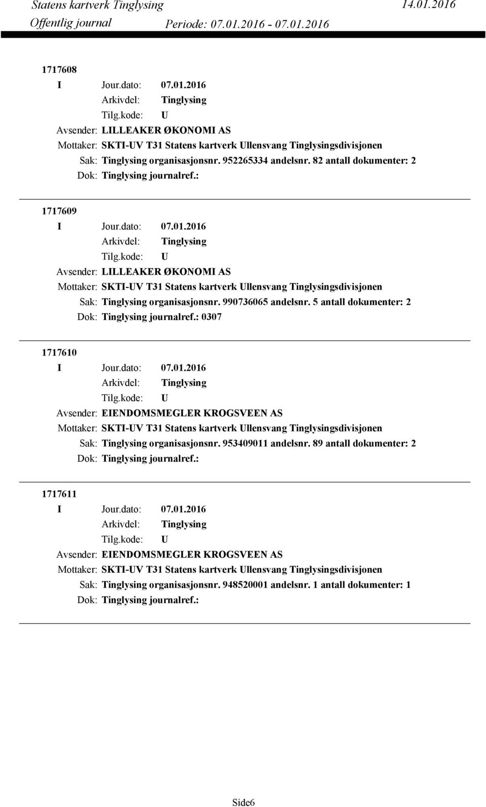 5 antall dokumenter: 2 0307 1717610 Avsender: EIENDOMSMEGLER KROGSVEEN AS organisasjonsnr.