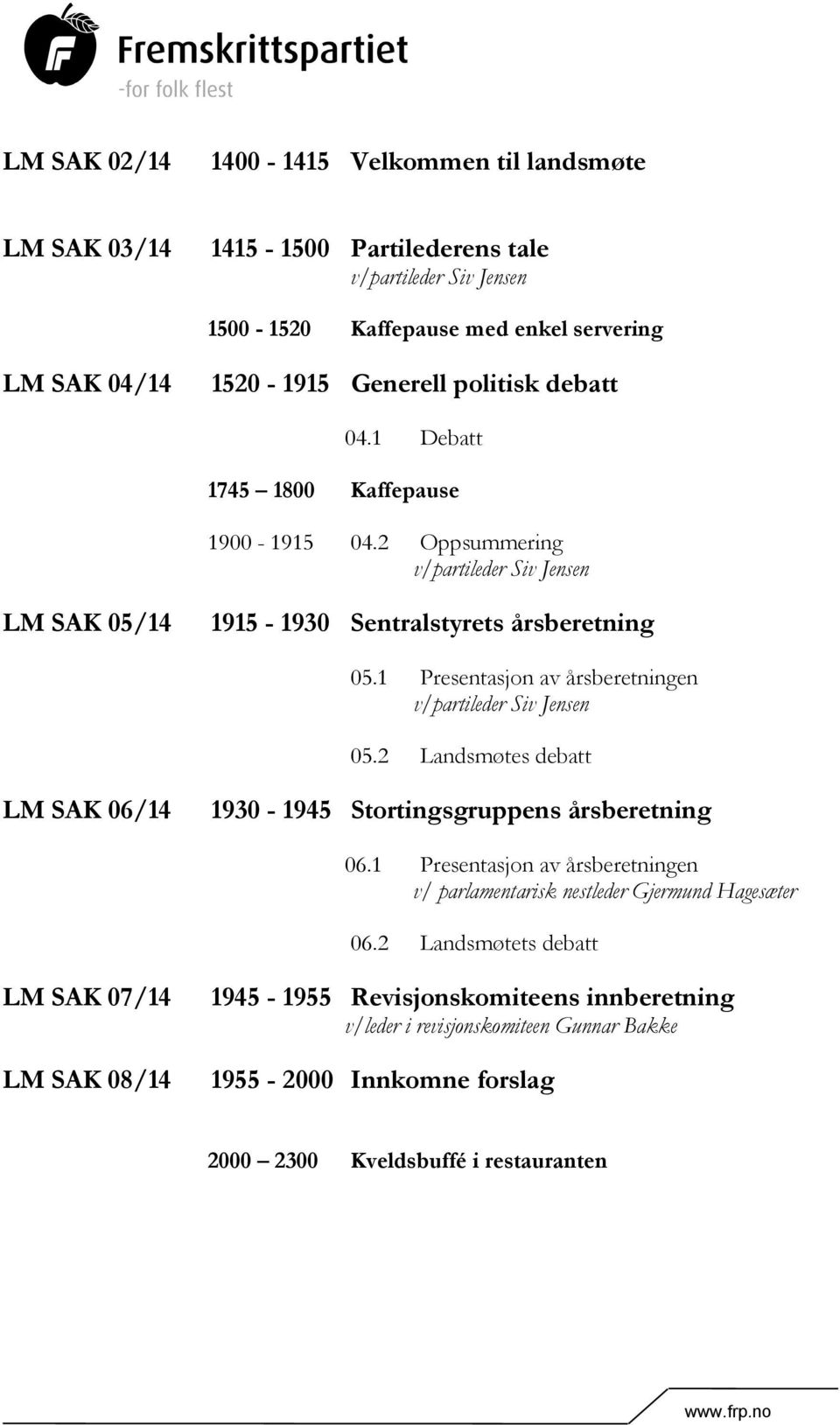 1 Presentasjon av årsberetningen v/partileder Siv Jensen 05.2 Landsmøtes debatt LM SAK 06/14 1930-1945 Stortingsgruppens årsberetning 06.