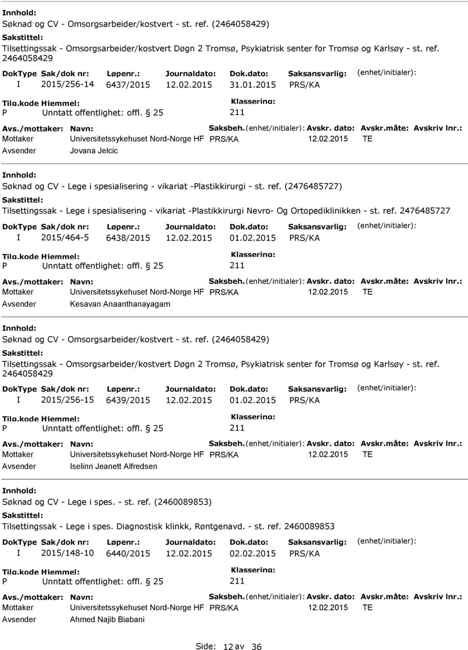 (2476485727) Tilsettingssak - Lege i spesialisering - vikariat -lastikkirurgi Nevro- Og Ortopediklinikken - st. ref. 2476485727 2015/464-5 6438/2015 01.02.