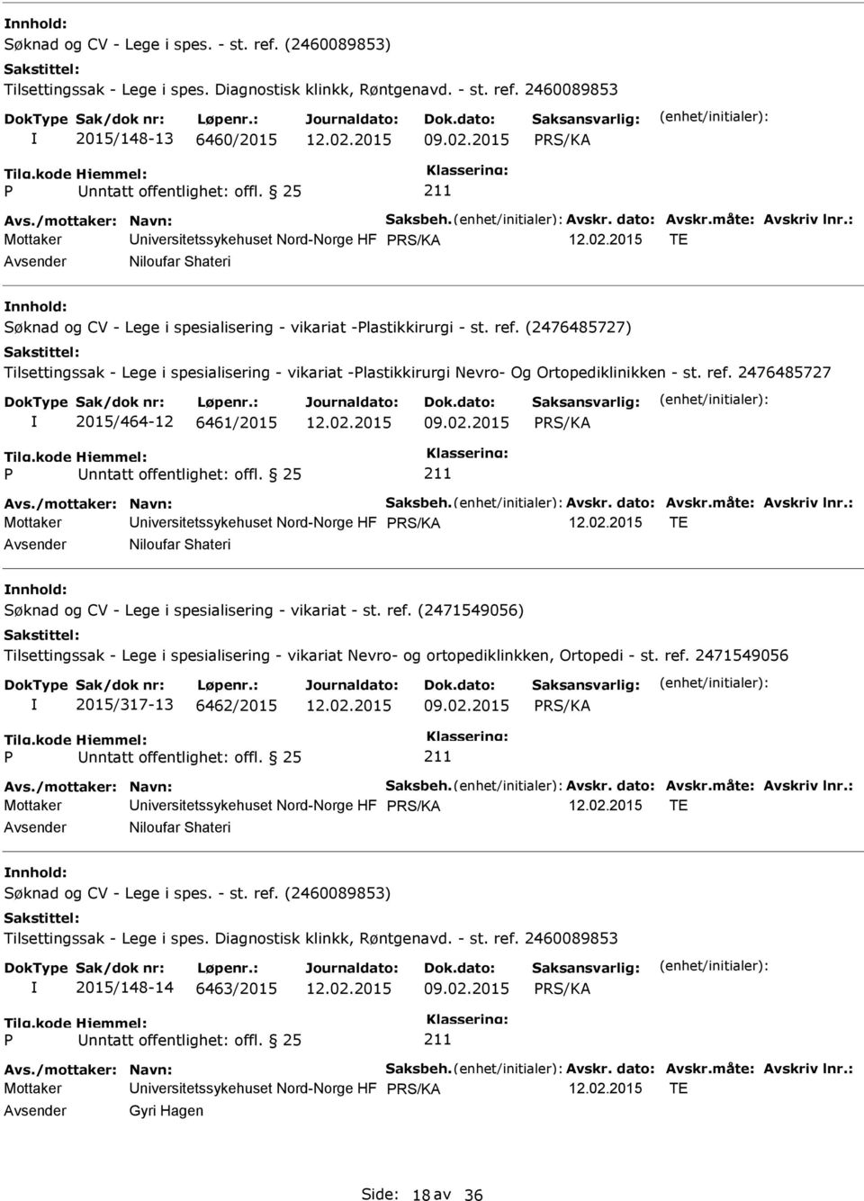 (2476485727) Tilsettingssak - Lege i spesialisering - vikariat -lastikkirurgi Nevro- Og Ortopediklinikken - st. ref. 2476485727 2015/464-12 6461/2015 09.02.