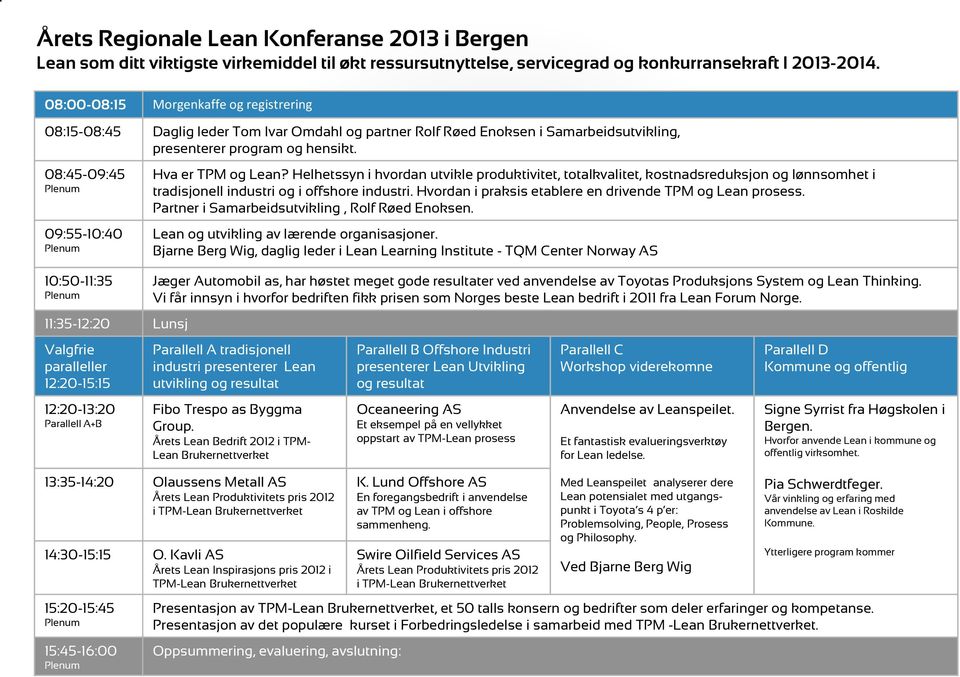 08:45-09:45 09:55-10:40 Hva er TPM og Lean? Helhetssyn i hvordan utvikle produktivitet, totalkvalitet, kostnadsreduksjon og lønnsomhet i tradisjonell industri og i offshore industri.