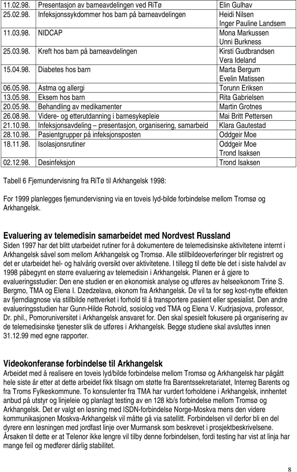 05.98. Behandling av medikamenter Martin Grotnes 26.08.98. Videre- og etterutdanning i barnesykepleie Mai Britt Pettersen 21.10.98. Infeksjonsavdeling presentasjon, organisering, samarbeid Klara Gautestad 28.