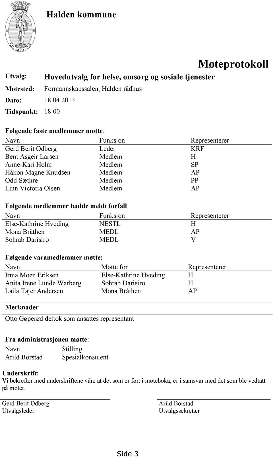 Asgeir Larsen Medlem H Anne-Kari Holm Medlem SP Håkon Magne Knudsen Medlem AP Odd Sæthre Medlem PP Linn Victoria Olsen Medlem AP Følgende medlemmer hadde meldt forfall: Navn Funksjon Representerer