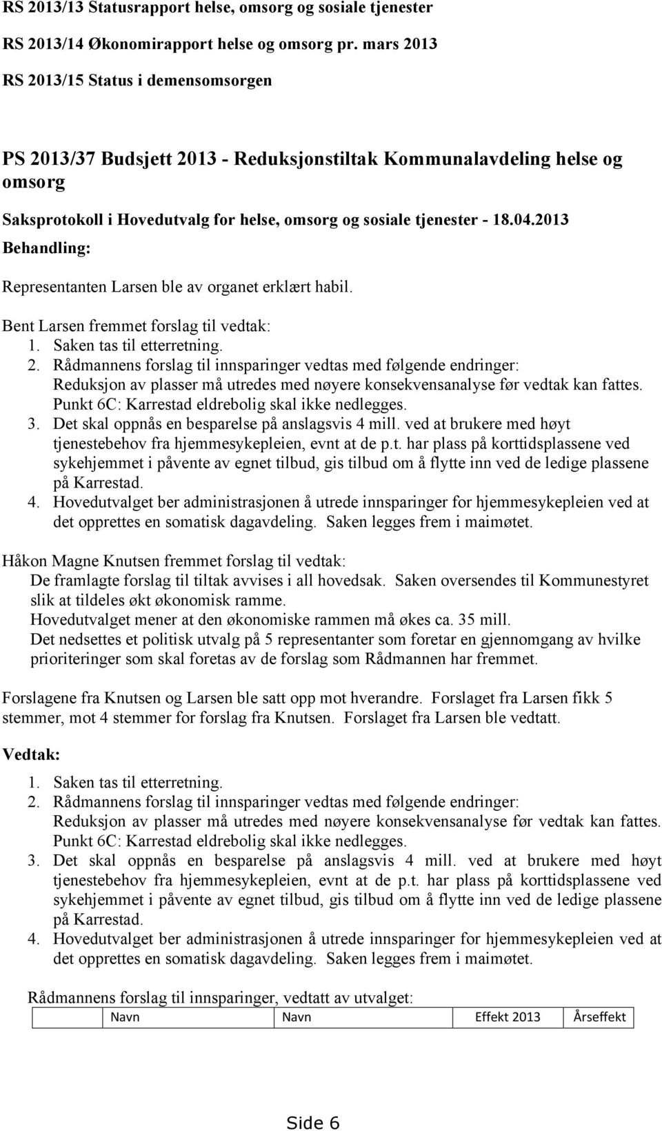 2013 Behandling: Representanten Larsen ble av organet erklært habil. Bent Larsen fremmet forslag til vedtak: 1. Saken tas til etterretning. 2.