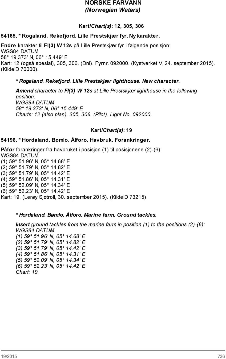 (KildeID 70000). * Rogaland. Rekefjord. Lille Prestskjær lighthouse. New character. Amend character to Fl(3) W 12s at Lille Prestskjær lighthouse in the following position: 58 19.373' N, 06 15.