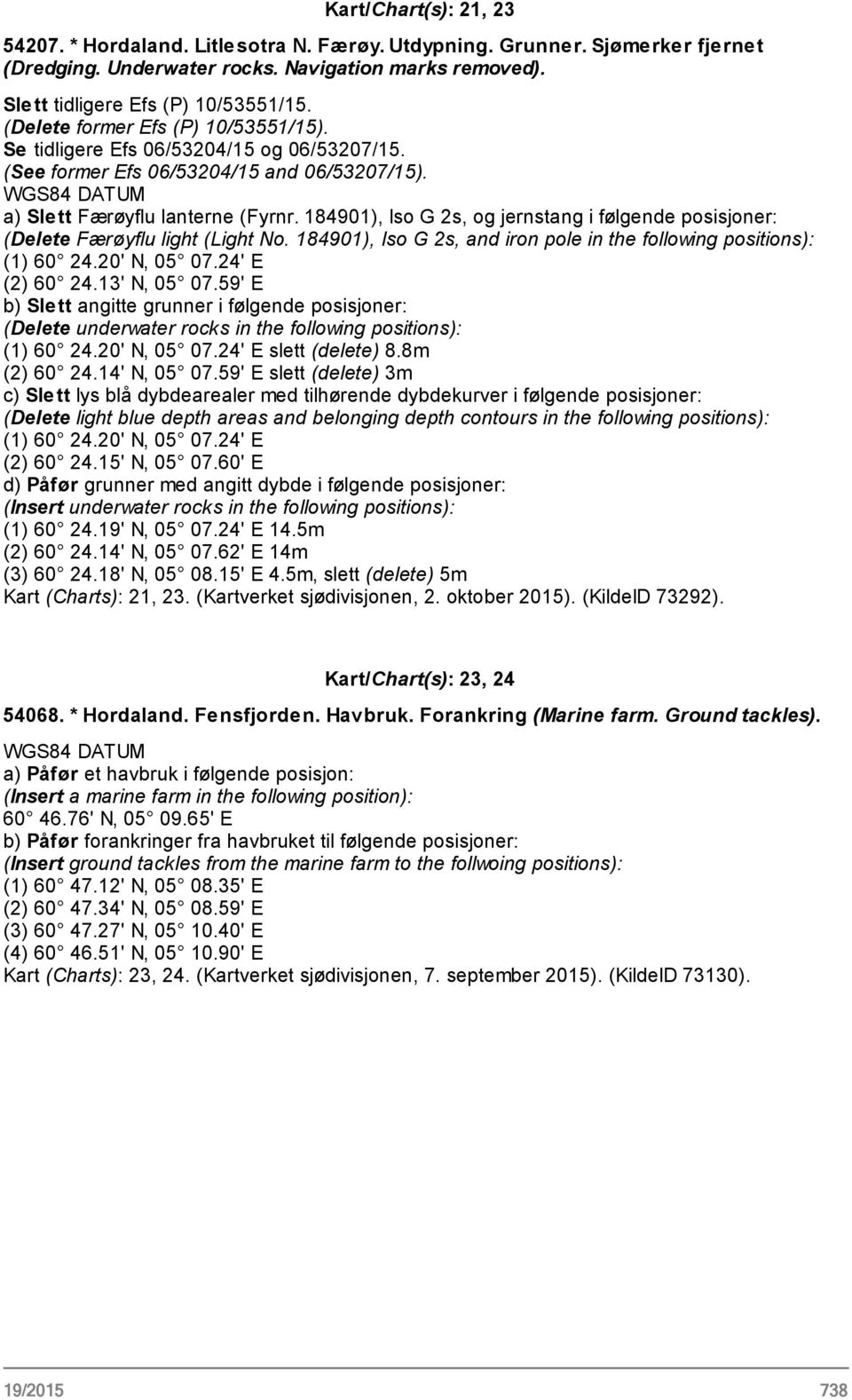 184901), Iso G 2s, og jernstang i følgende posisjoner: (Delete Færøyflu light (Light No. 184901), Iso G 2s, and iron pole in the following positions): (1) 60 24.20' N, 05 07.24' E (2) 60 24.