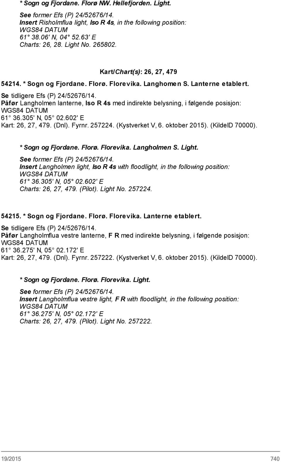 Påfør Langholmen lanterne, Iso R 4s med indirekte belysning, i følgende posisjon: 61 36.305' N, 05 02.602' E Kart: 26, 27, 479. (Dnl). Fyrnr. 257224. (Kystverket V, 6. oktober 2015). (KildeID 70000).