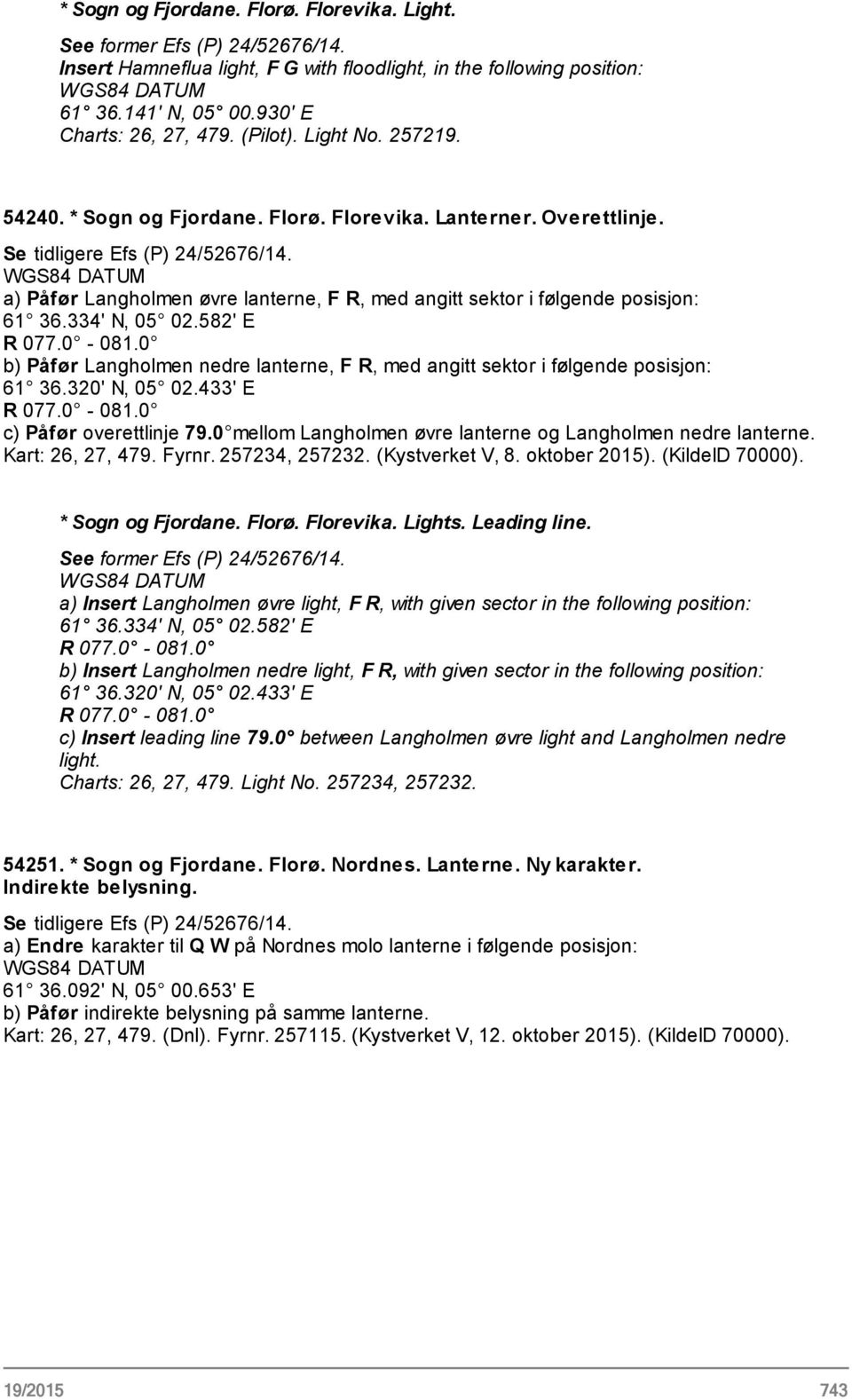 a) Påfør Langholmen øvre lanterne, F R, med angitt sektor i følgende posisjon: 61 36.334' N, 05 02.582' E R 077.0-081.