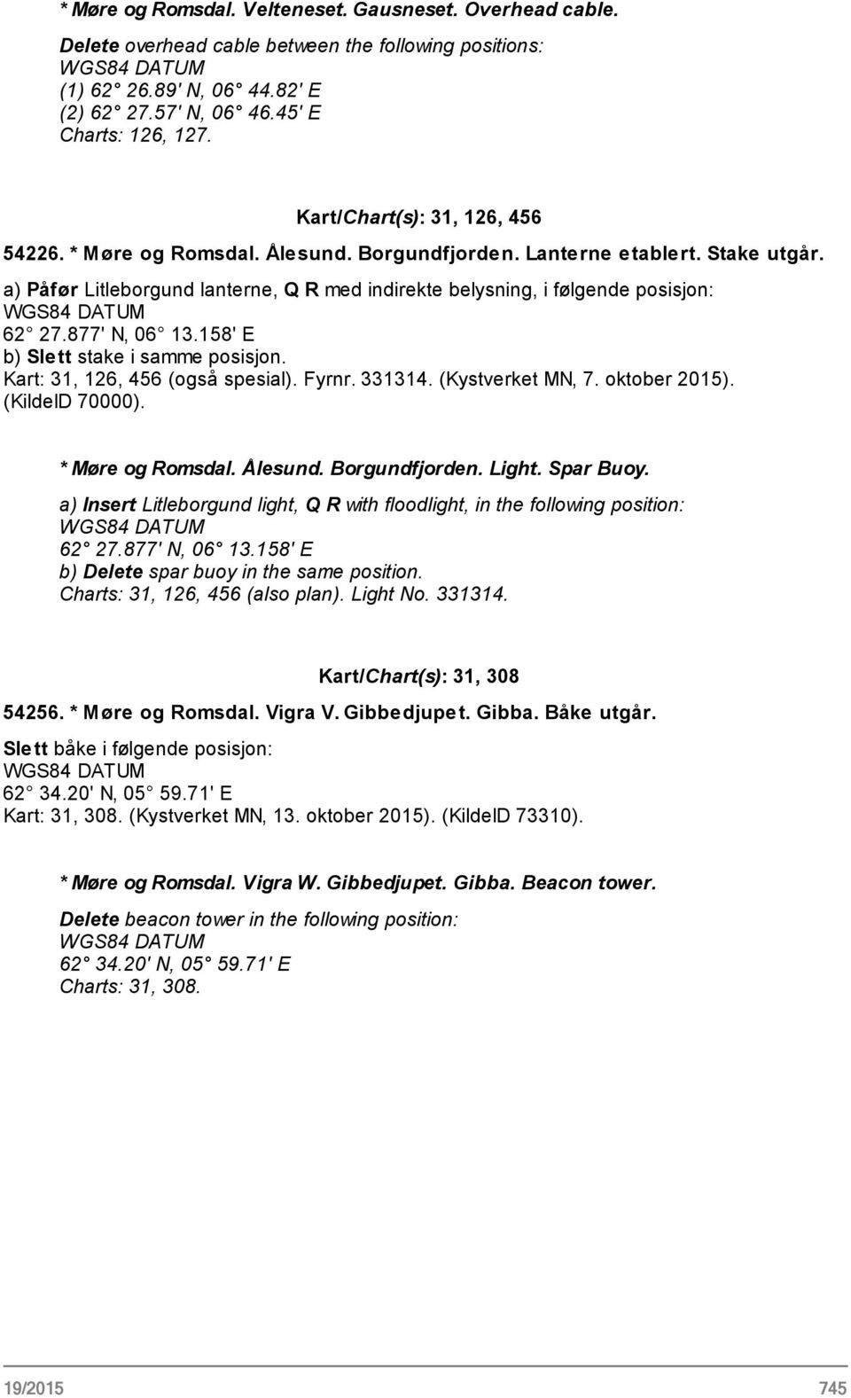 877' N, 06 13.158' E b) Slett stake i samme posisjon. Kart: 31, 126, 456 (også spesial). Fyrnr. 331314. (Kystverket MN, 7. oktober 2015). (KildeID 70000). * Møre og Romsdal. Ålesund. Borgundfjorden.