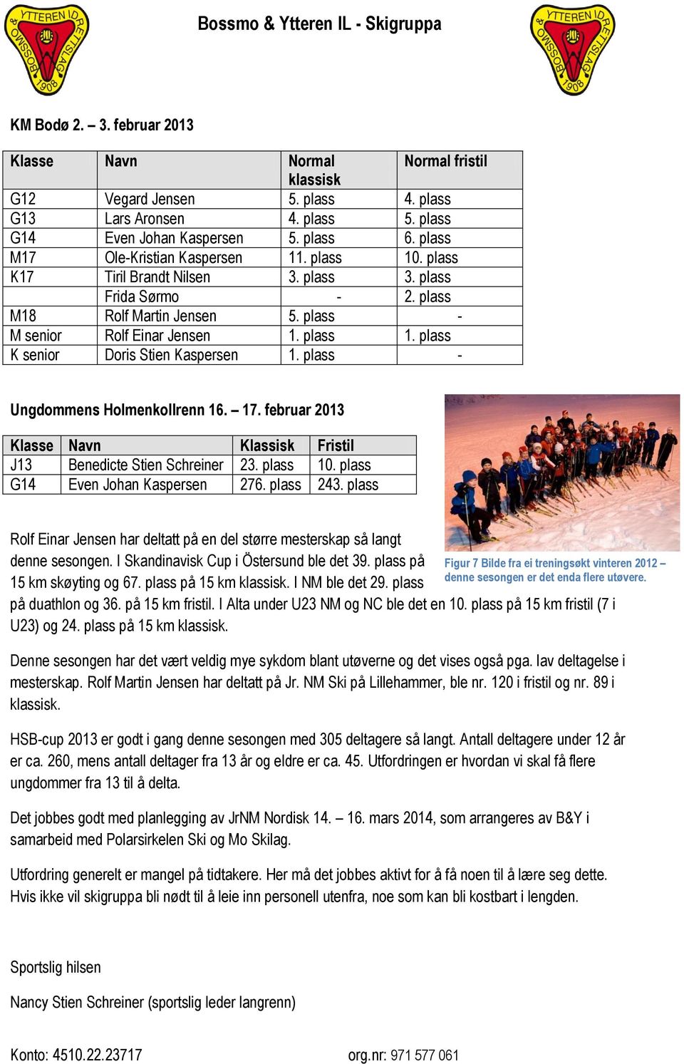 plass - Ungdommens Holmenkollrenn 16. 17. februar 2013 Klasse Navn Klassisk Fristil J13 Benedicte Stien Schreiner 23. plass 10. plass G14 Even Johan Kaspersen 276. plass 243.