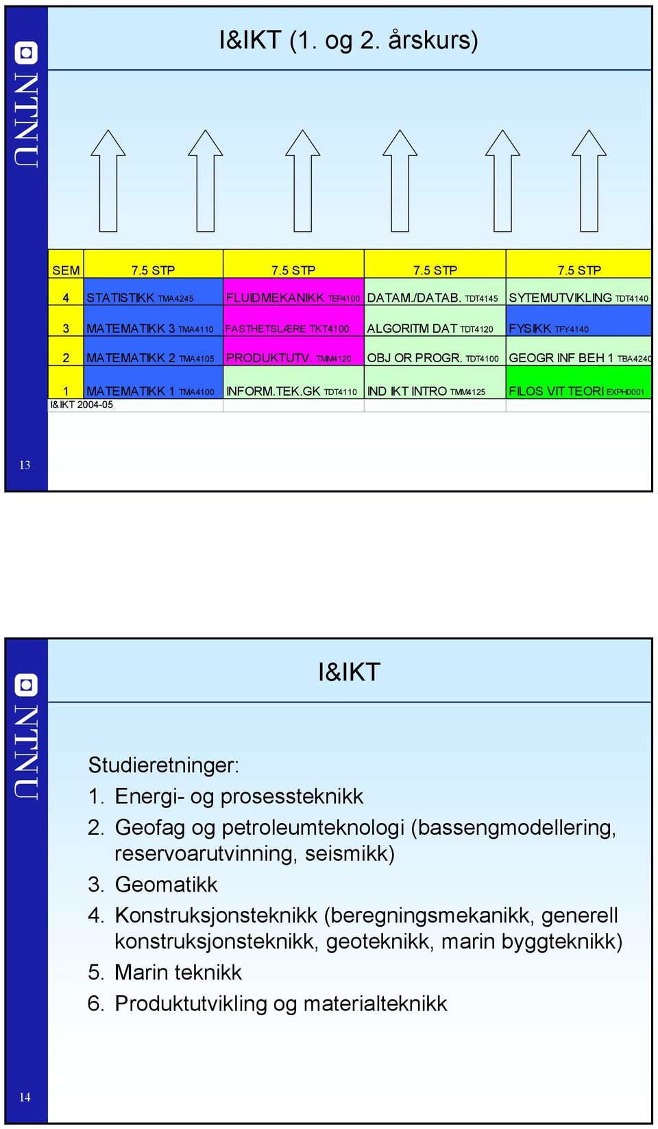 TDT4100 GEOGR INF BEH 1 TBA4240 1 MATEMATIKK 1 TMA4100 INFORM.TEK.GK TDT4110 IND IKT INTRO TMM4125 FILOS VIT TEORI EXPH0001 I&IKT 2004-05 13 I&IKT Studieretninger: 1.