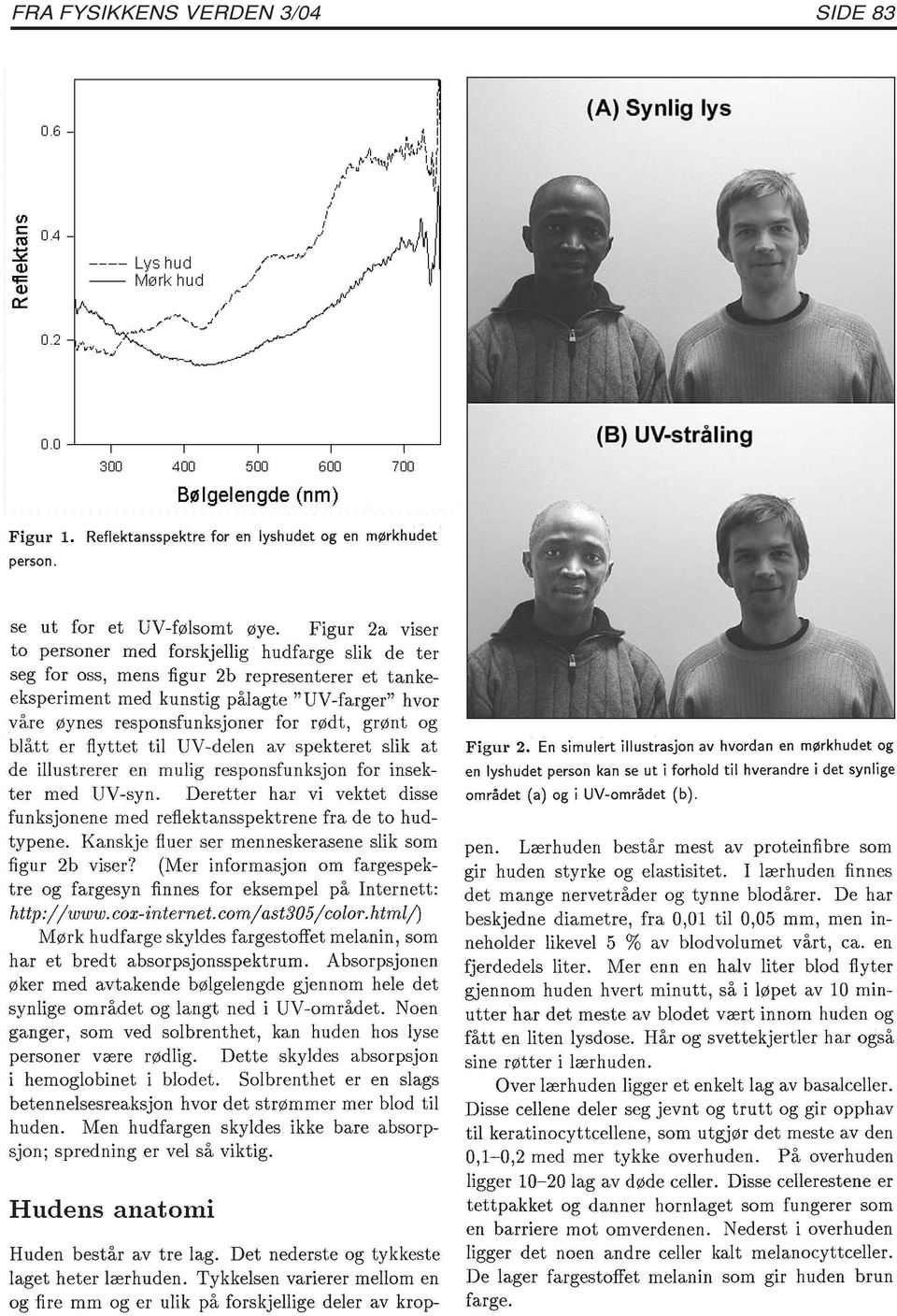 Figur 2a viser to personer med forskjellig hudfarge slik de ter seg for oss, mens figur 2b representerer et tankeeksperiment med kunstig pålagte "UV-farger" hvor våre øynes responsfunksjoner for