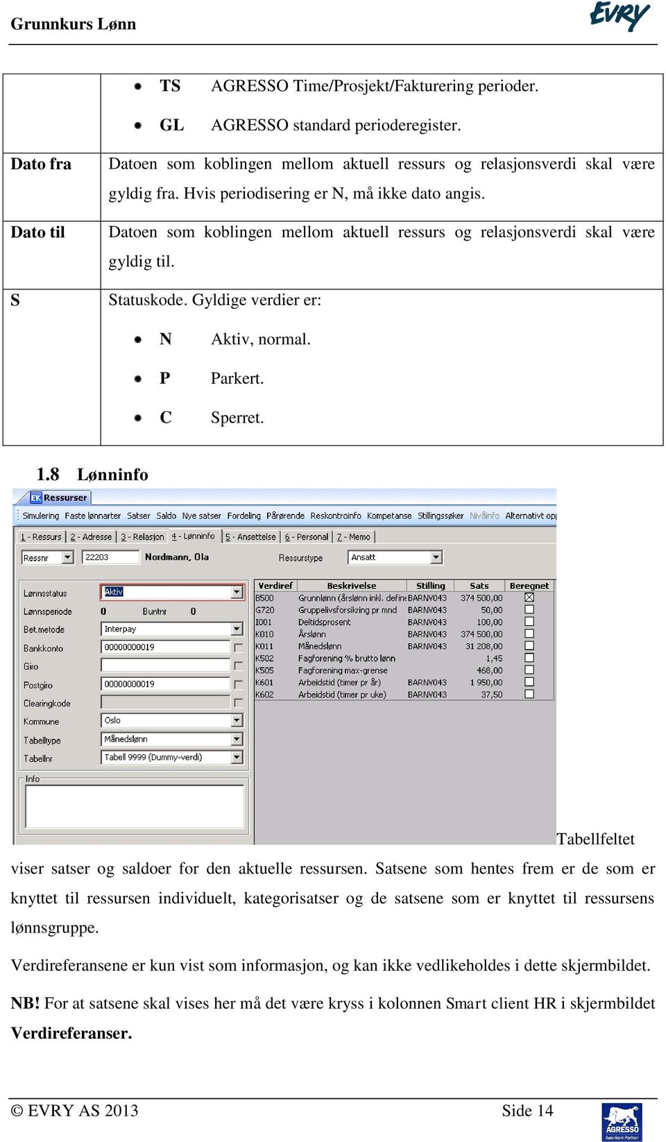 1.8 Lønninfo Tabellfeltet viser satser og saldoer for den aktuelle ressursen.