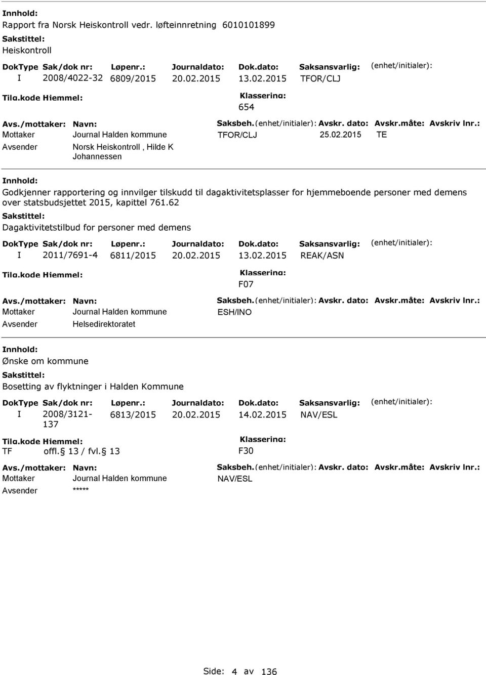 2015 TFOR/CLJ 654 TFOR/CLJ T Avsender Norsk Heiskontroll, Hilde K Johannessen nnhold: Godkjenner rapportering og innvilger tilskudd til dagaktivitetsplasser