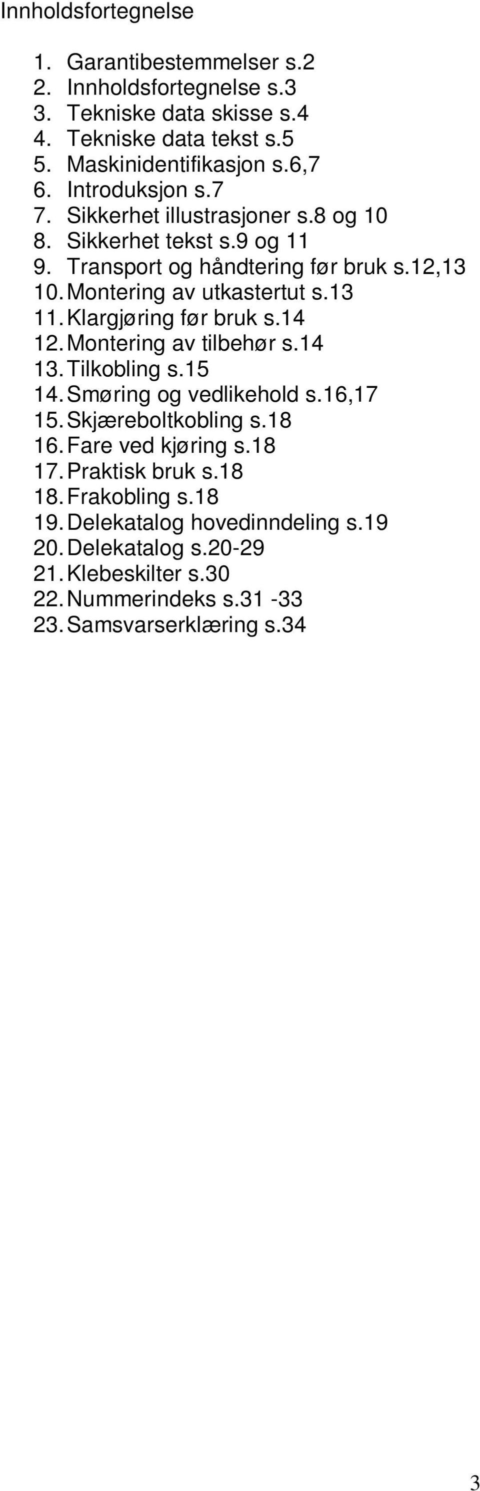 Klargjøring før bruk s.14 12. Montering av tilbehør s.14 13. Tilkobling s.15 14. Smøring og vedlikehold s.16,17 15. Skjæreboltkobling s.18 16. Fare ved kjøring s.18 17.