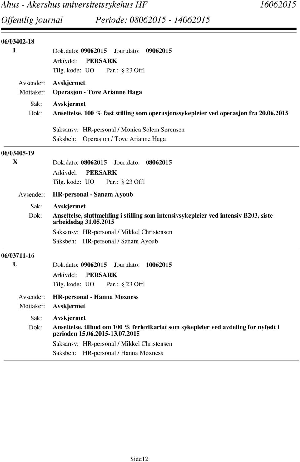 2015 Saksansv: HR-personal / Mikkel Christensen Saksbeh: HR-personal / Sanam Ayoub 06/03711-16 U Dok.dato: 09062015 Jour.