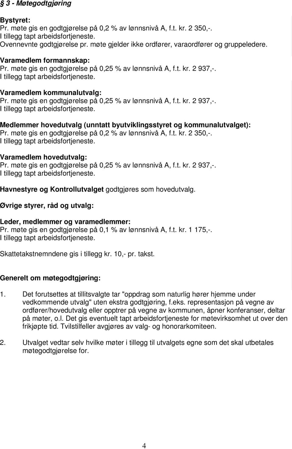 møte gis en godtgjørelse på 0,2 % av lønnsnivå A, f.t. kr. 2 350,-. Varamedlem hovedutvalg: Pr. møte gis en godtgjørelse på 0,25 % av lønnsnivå A, f.t. kr. 2 937,-.