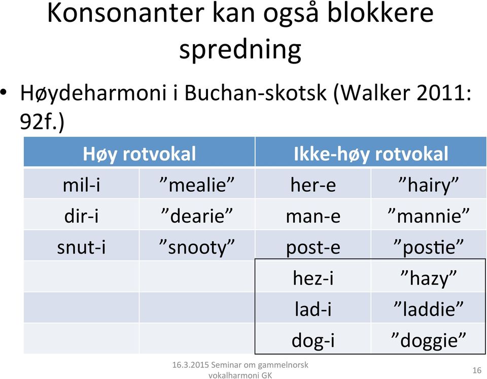 ) Høy rotvokal Ikke- høy rotvokal mil- i mealie her- e hairy