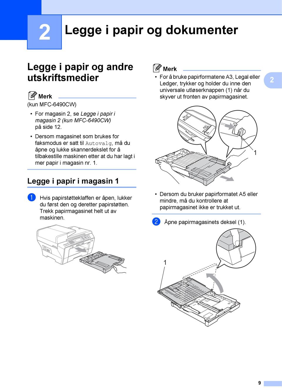 For å bruke papirformatene A3, Legal eller Ledger, trykker og holder du inne den universale utløserknappen (1) når du skyver ut fronten av papirmagasinet.