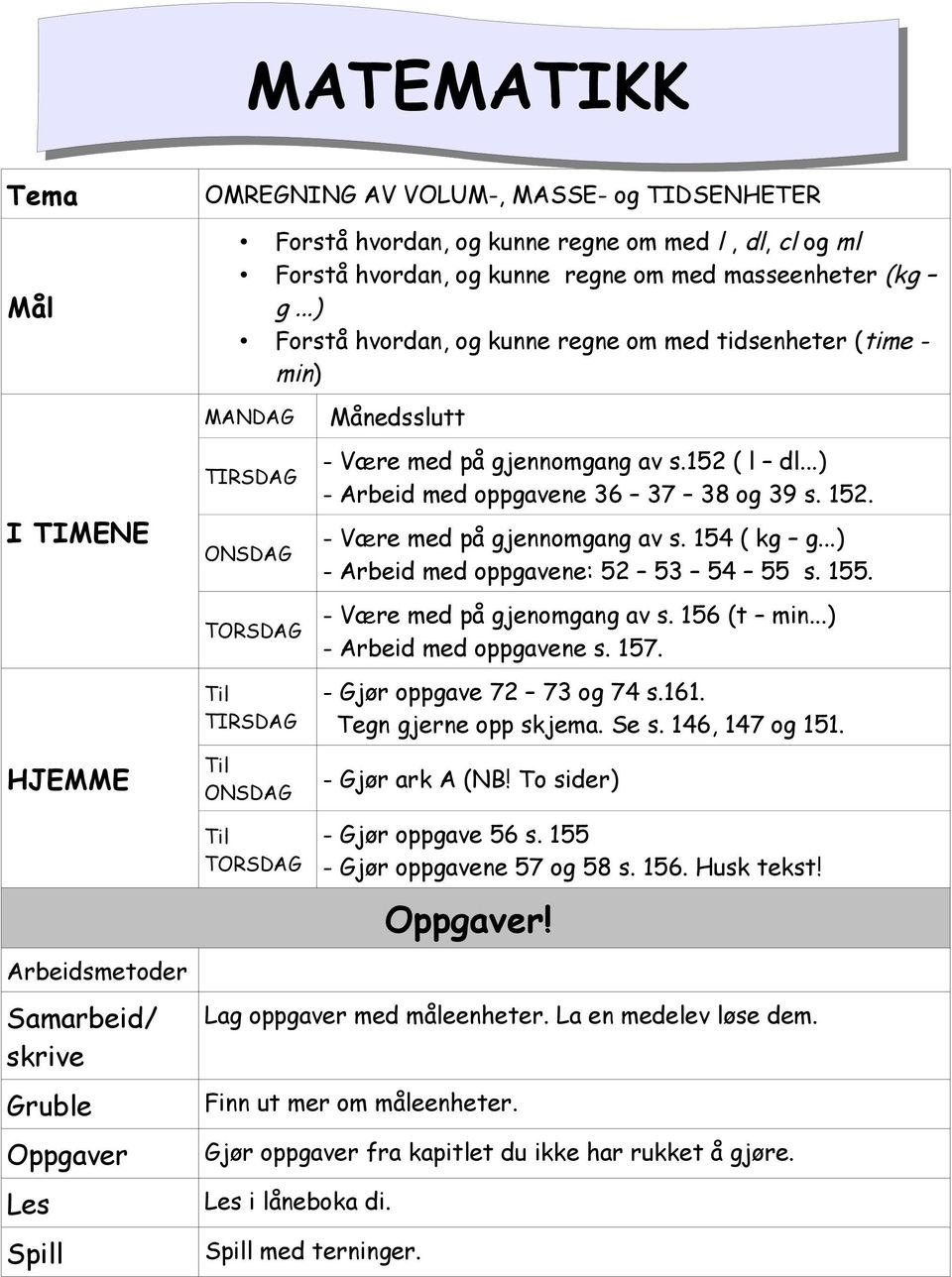 ..) - Arbeid med oppgavene 36 37 38 og 39 s. 152. - Være med på gjennomgang av s. 154 ( kg g...) - Arbeid med oppgavene: 52 53 54 55 s. 155. - Være med på gjenomgang av s. 156 (t min.