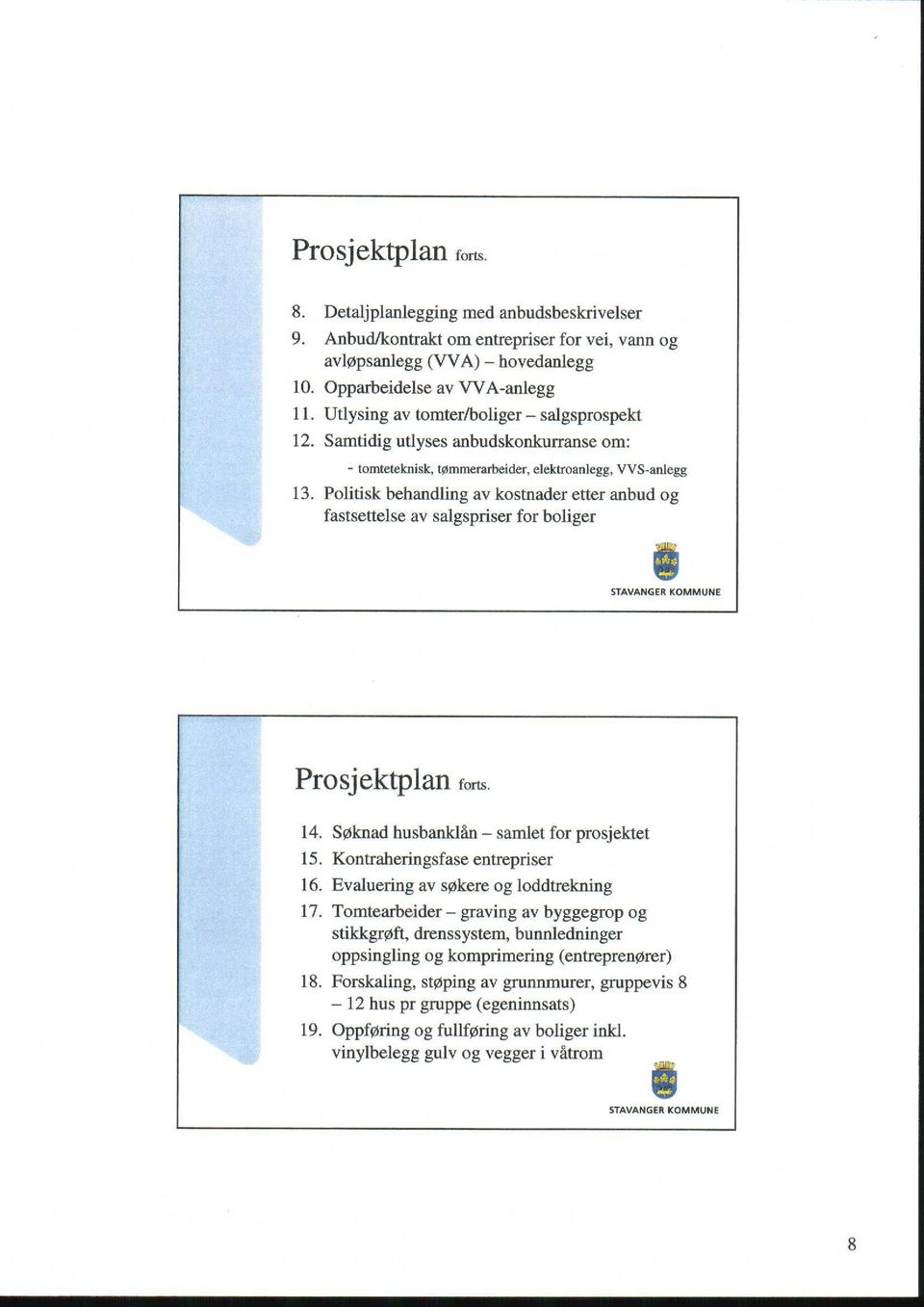 Politisk behandling av kostnader etter anbud og fastsettelse av salgspriser for boliger STAVANGER KOMMUNE Prosjektplan forts. 14. Søknad husbanklån - samlet for prosjektet 15.