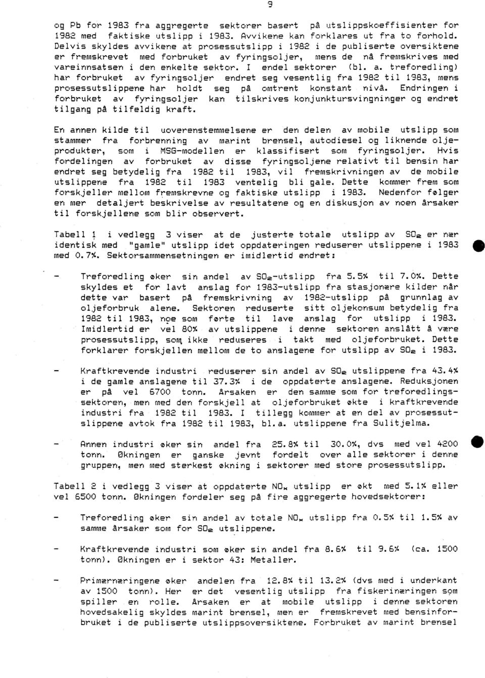 I endel sektorer (bl. a. treforedling) har forbruket av fyringsoljer endret seg vesentlig fra 1982 til 1983, mens prosessutslippene har holdt seg pa omtrent konstant niva.