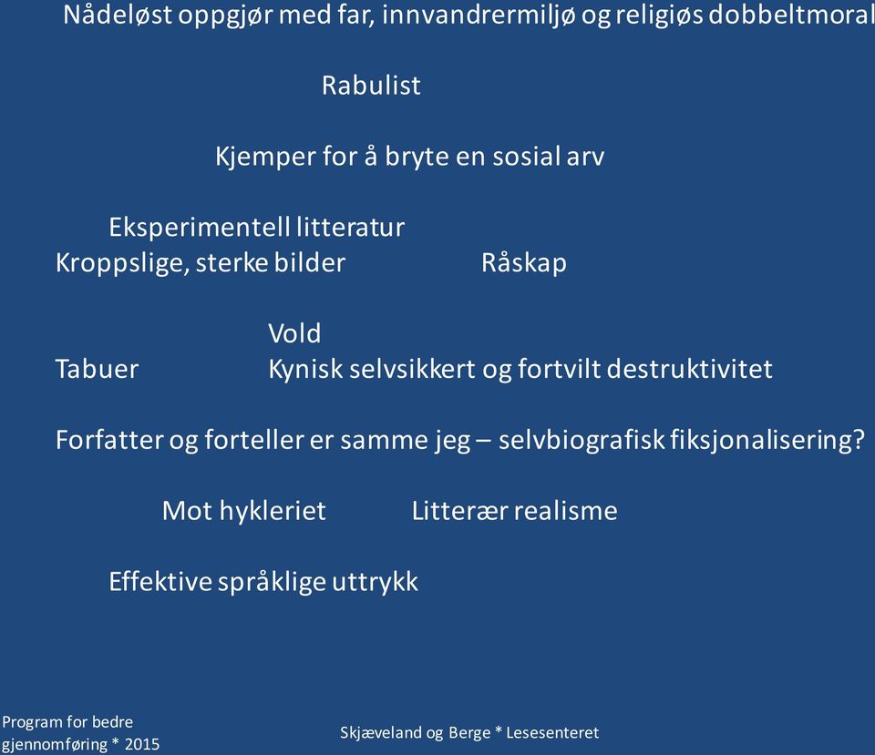 Vold Kynisk selvsikkert og fortvilt destruktivitet Forfatter og forteller er samme jeg