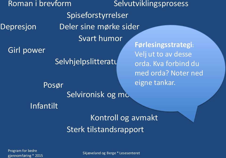 Infantilt Selvironisk og morsom Kontroll og avmakt Sterk tilstandsrapport