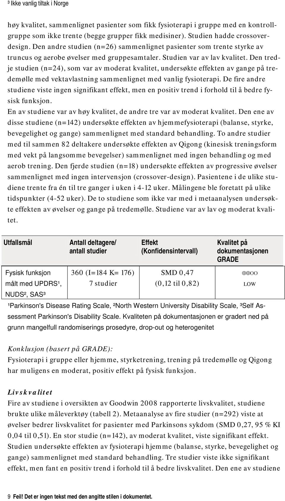 Den tredje studien (n=24), som var av moderat kvalitet, undersøkte effekten av gange på tredemølle med vektavlastning sammenlignet med vanlig fysioterapi.