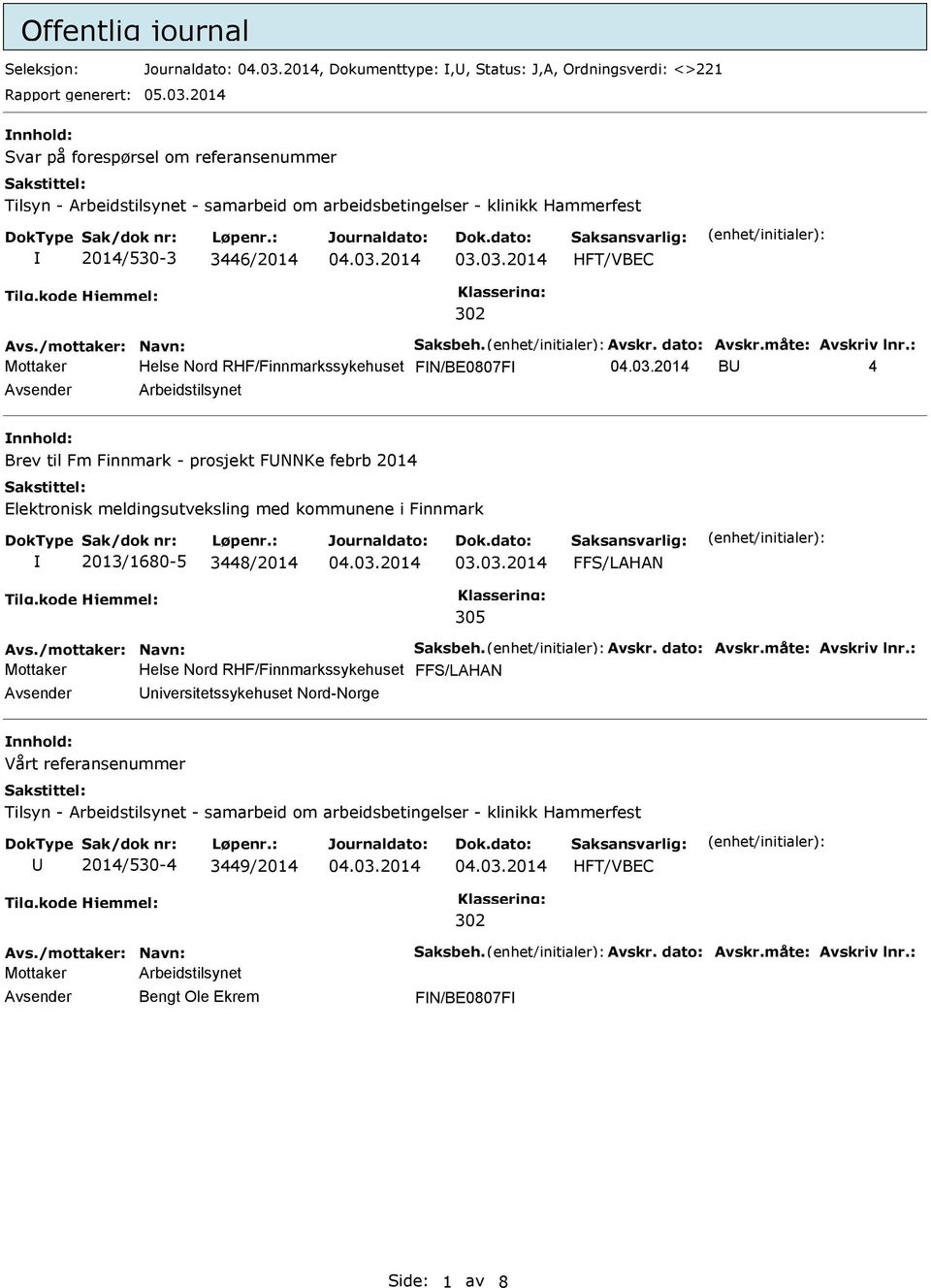 RHF/Finnmarkssykehuset FN/BE0807F BU 4 Avsender Arbeidstilsynet nnhold: Brev til Fm Finnmark - prosjekt FUNNKe febrb 2014 Elektronisk meldingsutveksling med kommunene i Finnmark 2013/1680-5 3448/2014