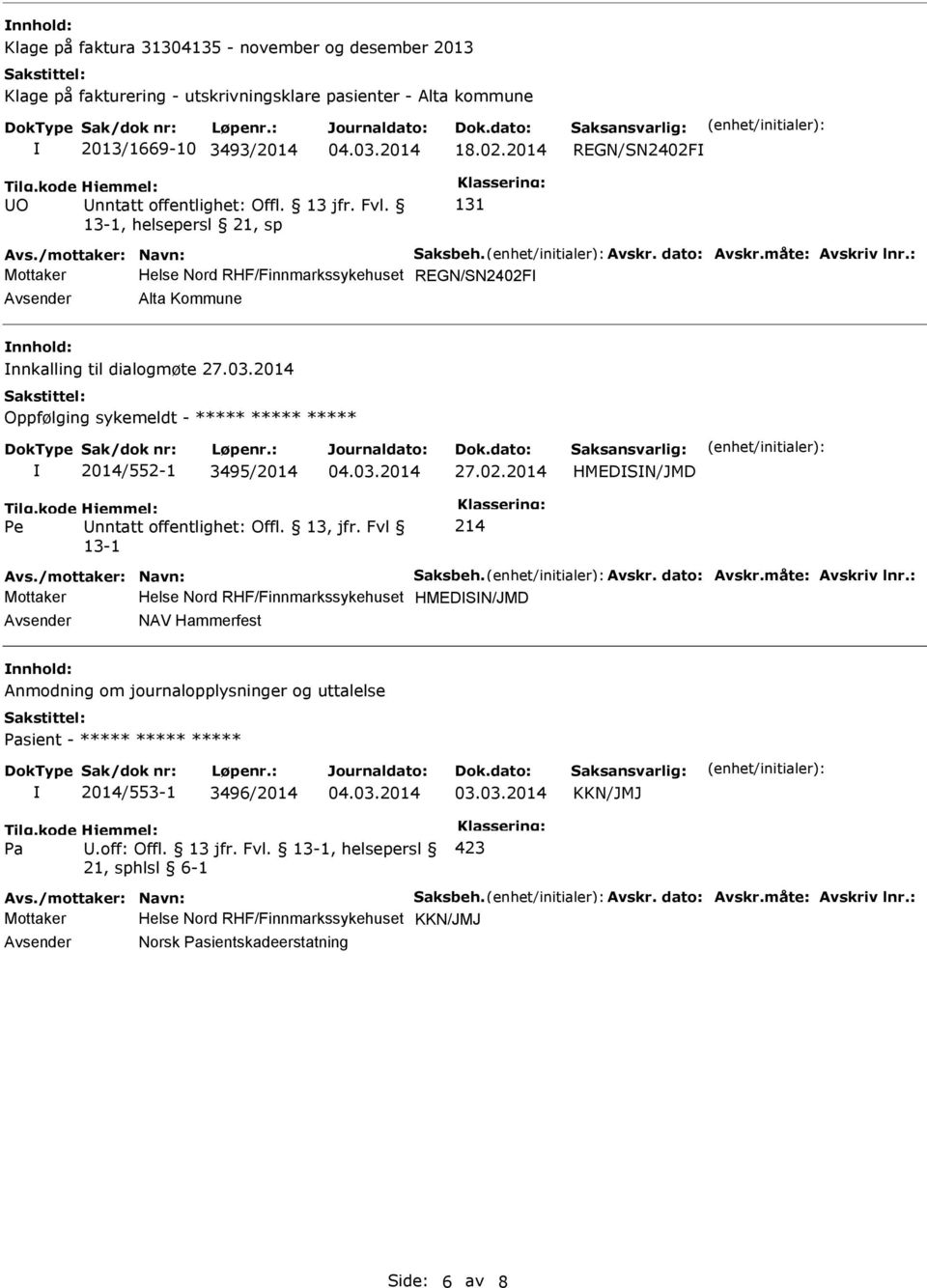 , helsepersl 21, sp 131 Mottaker Helse Nord RHF/Finnmarkssykehuset REGN/SN2402F Avsender Alta Kommune nnhold: nnkalling til dialogmøte 27.03.