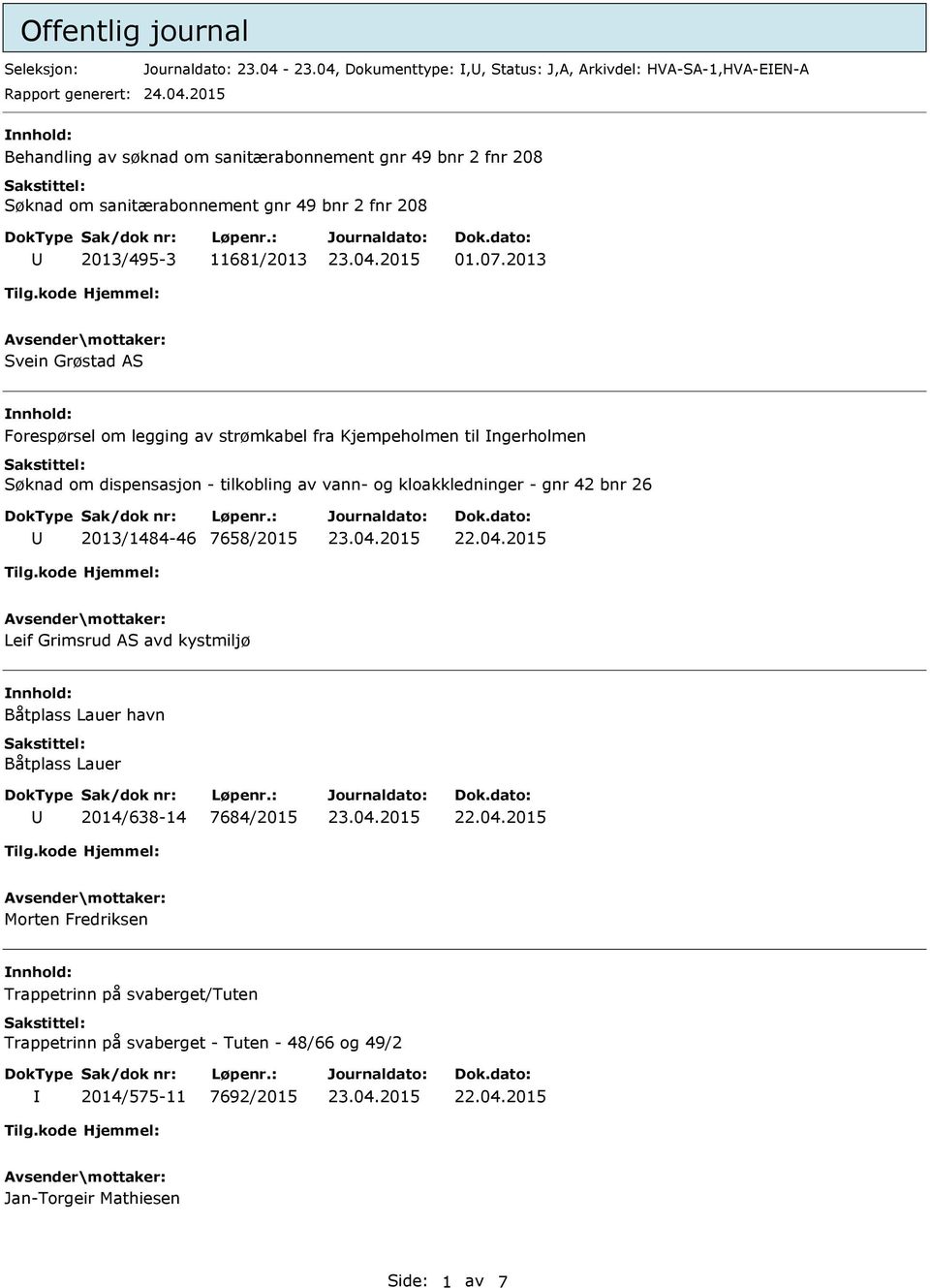 07.2013 Svein Grøstad AS nnhold: Forespørsel om legging av strømkabel fra Kjempeholmen til ngerholmen Søknad om dispensasjon - tilkobling av vann- og kloakkledninger - gnr 42 bnr 26