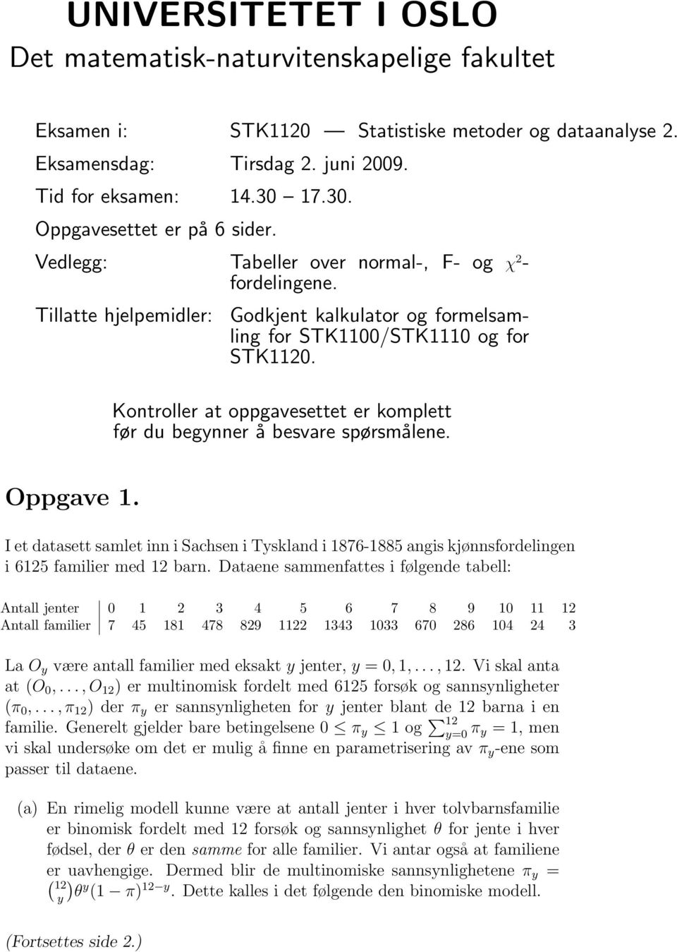 Kontroller at oppgavesettet er komplett før du begynner å besvare spørsmålene. Oppgave 1. I et datasett samlet inn i Sachsen i Tyskland i 1876-1885 angis kjønnsfordelingen i 6125 familier med 12 barn.