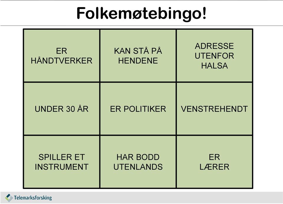 ADRESSE UTENFOR HALSA UNDER 30 ÅR ER