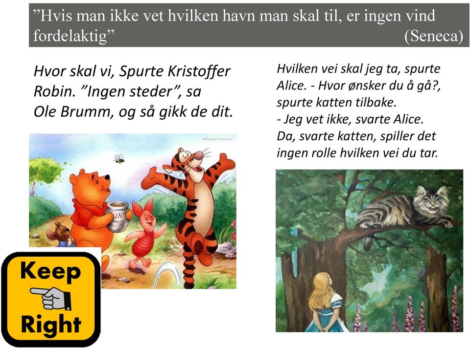 Ingen steder, sa Ole Brumm, og så gikk de dit. Hvilken vei skal jeg ta, spurte Alice.