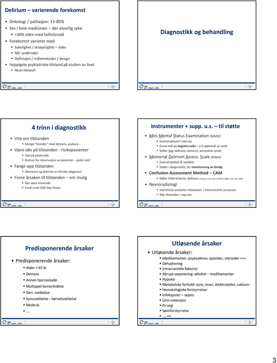 Diagnostikk og behandling 4 trinn i diagnostikk Vite om tilstanden Mange blander med demens, psykose Være obs på tilstanden - risikopasienter Stol på pårørende Rutiner for observasjon av pasienter