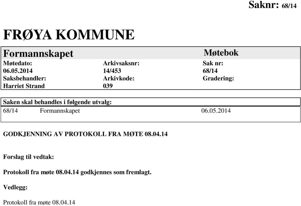 Gradering: Saken skal behandles i følgende utvalg: 68/14 Formannskapet 06.05.