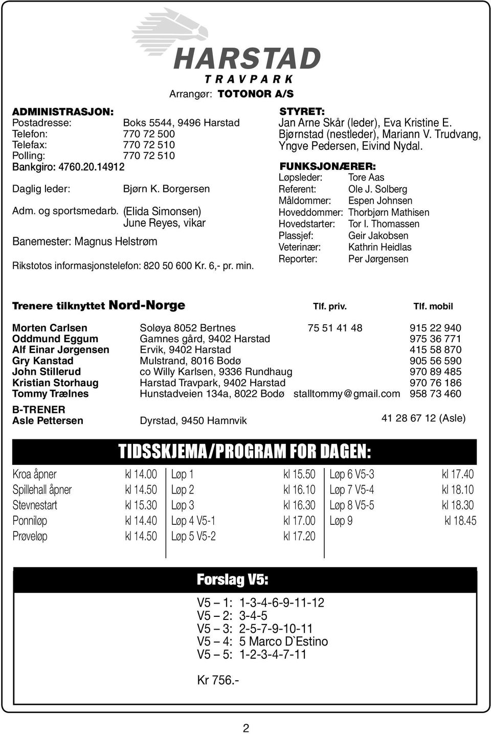 Banemester: banemester: Magnus Helstrøm Inge Kristoffersen Arrangør: TOTONOR A/S Rikstotos informasjonstelefon: 820 50 600 Kr. 6,- pr. min. Trenere tilknyttet Nord-Norge Tlf.