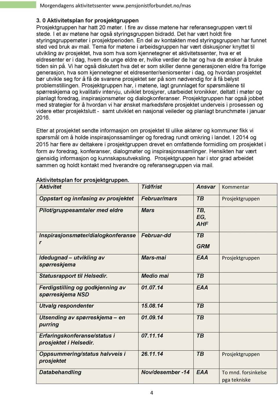 Tema for møtene i arbeidsgruppen har vært diskusjoner knyttet til utvikling av prosjektet, hva som hva som kjennetegner et aktivitetssenter, hva er et eldresenter er i dag, hvem de unge eldre er,