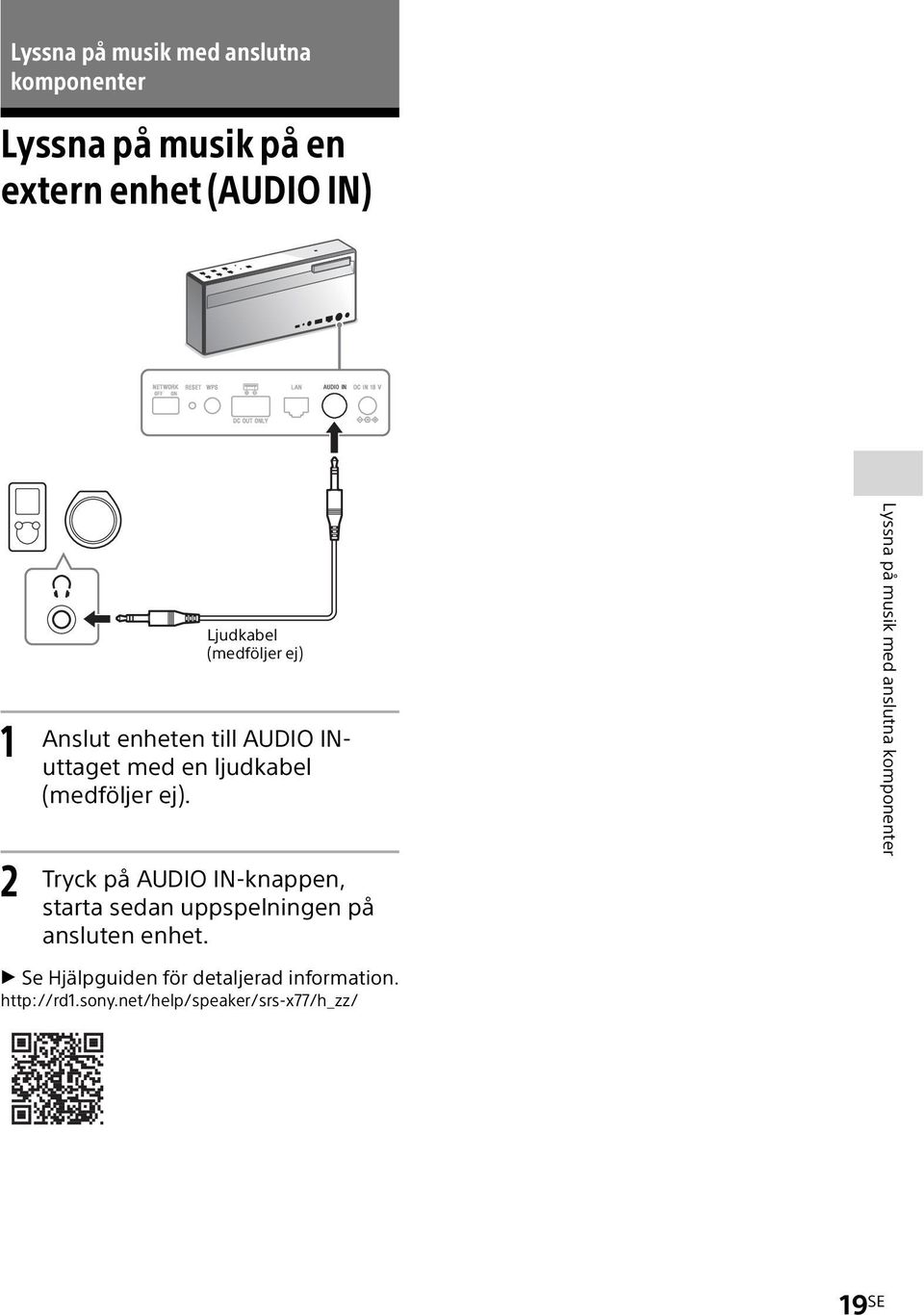 Tryck på AUDIO IN-knappen, starta sedan uppspelningen på ansluten enhet.