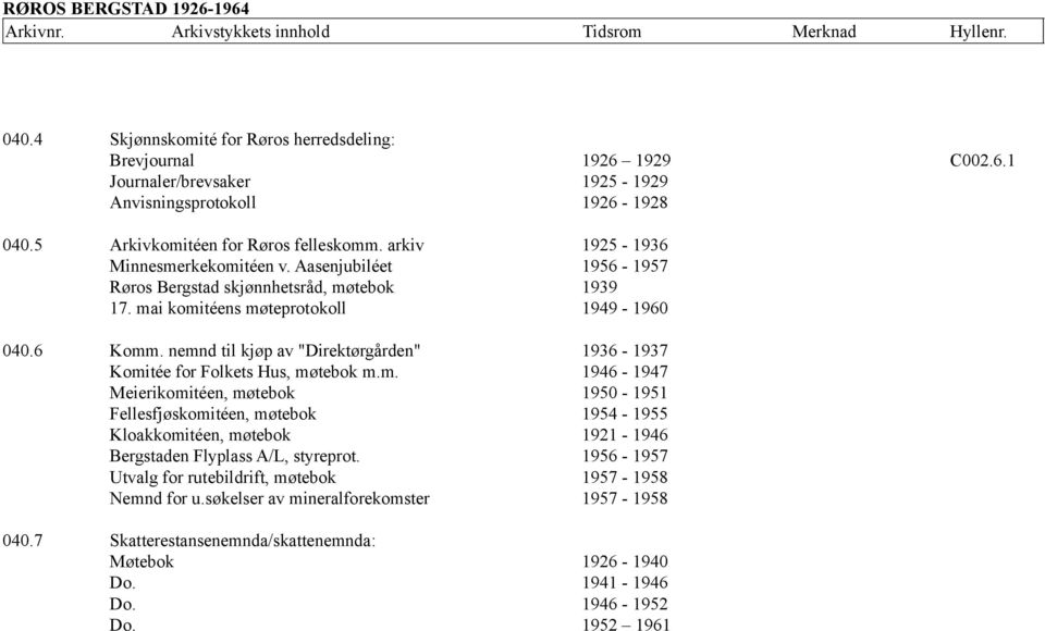 nemnd til kjøp av "Direktørgården" 1936-1937 Komitée for Folkets Hus, møtebok m.m. 1946-1947 Meierikomitéen, møtebok 1950-1951 Fellesfjøskomitéen, møtebok 1954-1955 Kloakkomitéen, møtebok 1921-1946 Bergstaden Flyplass A/L, styreprot.