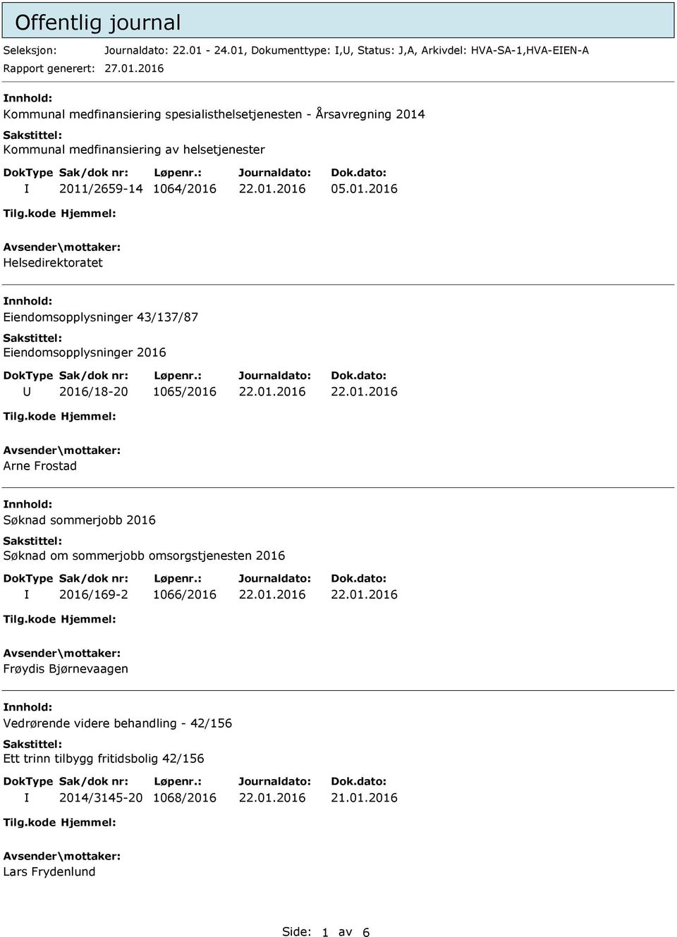 01.2016 Helsedirektoratet nnhold: Eiendomsopplysninger 43/137/87 Eiendomsopplysninger 2016 U 2016/18-20 1065/2016 Arne Frostad nnhold: Søknad sommerjobb 2016